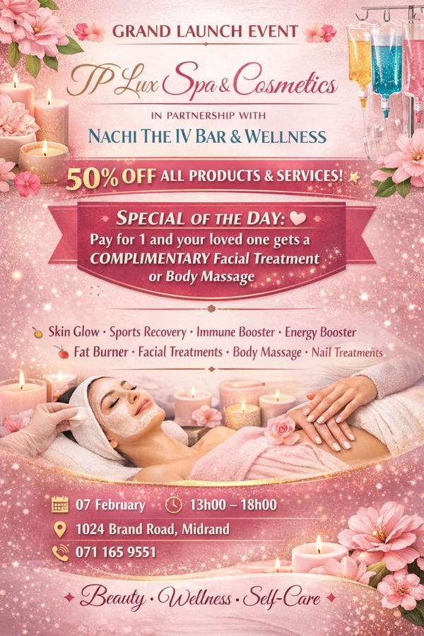 Grand Launch Event flyer for TP Lux Spa & Cosmetics, in partnership with Nachi The IV Bar & Wellness