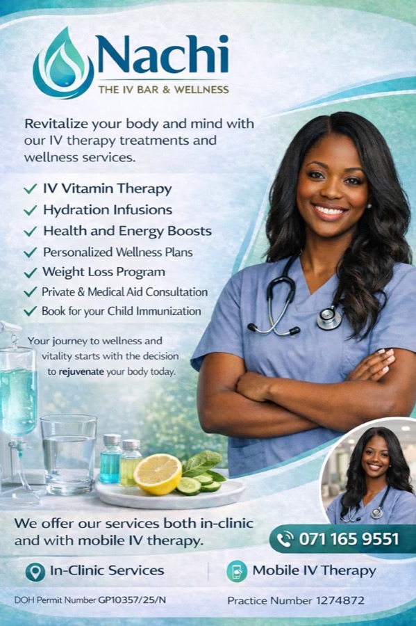 Nachi The IV Bar & Wellness services poster listing IV vitamin therapy and wellness plans